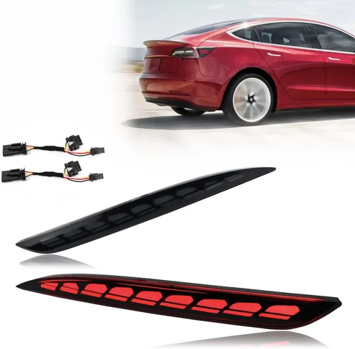 Vista 9 de Reflector de parachoques de niebla trasero con lente roja, luz trasera de freno intermitente secuencial, luces de señal 3 en 1, compatible con Tesla