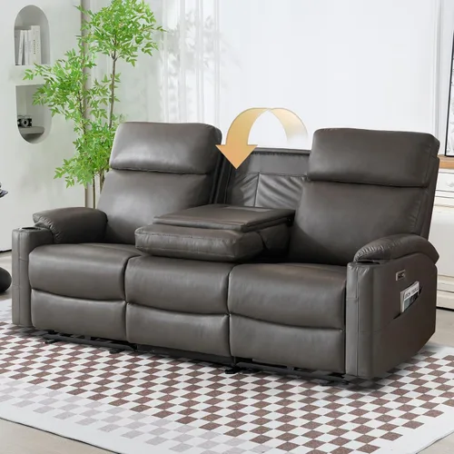Vista 10 de Sofá reclinable eléctrico – Sofá reclinable de 3 plazas, sofá de piel sintética, asiento de cine en casa con respaldo medio abatible, sofá