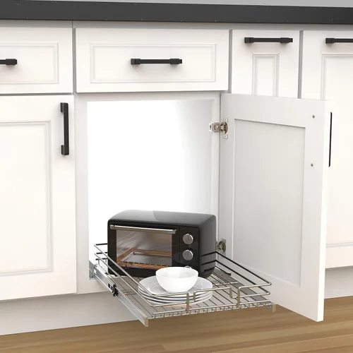 Vista 9 de Organizador de gabinete extraíble, estante deslizante de metal resistente para armarios de cocina, cromo, no incluye accesorios de puerta