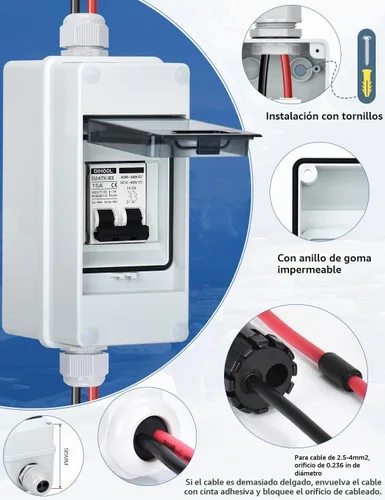 Vista 5 de DIHOOL Disyuntor miniatura de CA CC con caja DIN IP65, 15 amperios de doble polo 12V-400V, no polarizado, interruptor de desconexión del panel