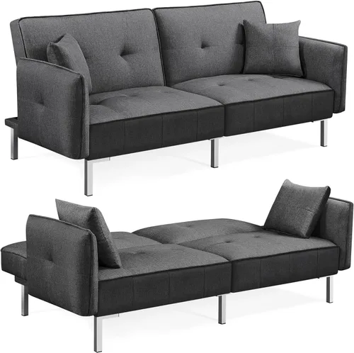 Vista 4 de Yaheetech Sofá cama, sofá cama, sofá convertible moderno, futón, sofás, cama, plegable, de tela de lino, sillón reclinable para sala de estar, gris