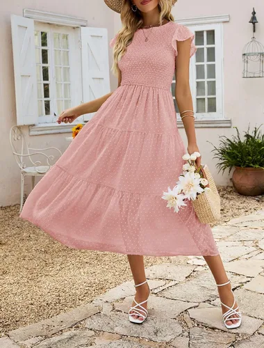 Vista 6 de MEROKEETY Vestido midi de manga corta con vuelo para mujer, vestido de verano con lunares suizos, vestidos escalonados fluidos