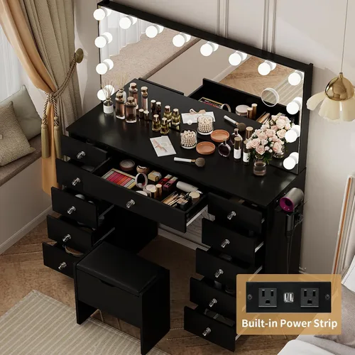 Vista 2 de VOWNER Tocador con espejo iluminado - Escritorio de maquillaje con luces y 11 cajones, 3 modos de iluminación de color con brillo ajustable