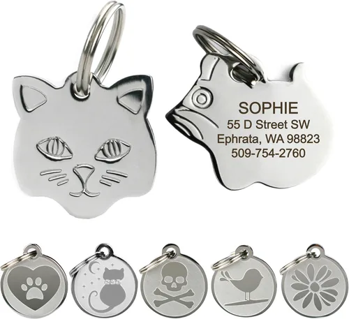 Vista 10 de Placas personalizables para mascotas, de acero inoxidable, para perros y gatos. Grabado personalizable con cuatro líneas de texto, elegante
