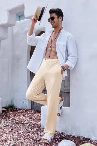 Vista 5 de PASLTER Pantalones sueltos de algodón y lino para hombre, casuales, ligeros, sin pinzas, pantalones de yoga y playa para hombres