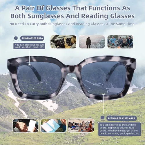 Vista 4 de HIYANJN Gafas de sol bifocales para mujeres y hombres, paquete de 3 lentes de sol de lectura, lentes de sol cuadrados con protección UV 400, bisagra
