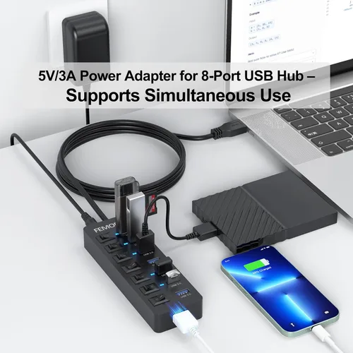 Vista 7 de Hub USB alimentado con cable de 4 pies para PC, 7 puertos de datos USB3.0 y 1 puerto de carga inteligente con adaptador de corriente e interruptores