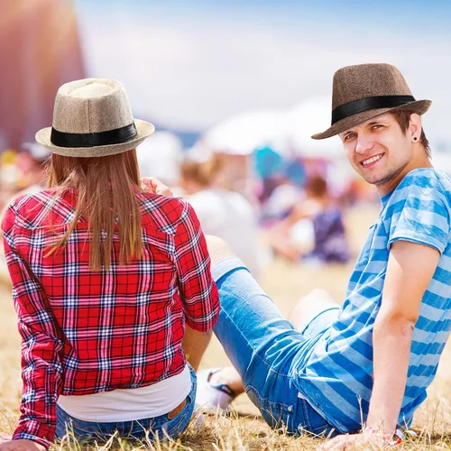 Vista 5 de Coume 16 sombreros Fedora de paja de los años 20, sombreros clásicos Fedora, sombreros de ala corta, sombreros de verano para hombres y mujeres