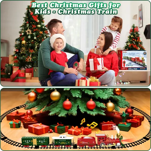 Vista 6 de Hot Bee Juego de tren de Navidad con control remoto, juguetes de tren con humo, luces y sonido, juegos de tren de Navidad para alrededor del árbol
