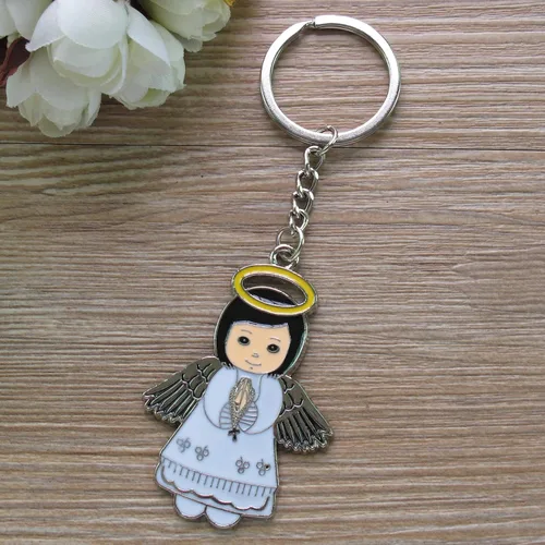 Vista 2 de Regalo personalizado de primera comunión (12 piezas) - Llavero de metal de niña ángel blanco, regalo de bautizo para invitados con grabado/bautismo
