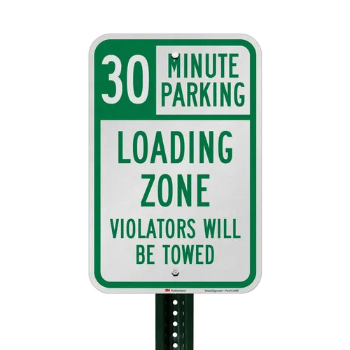 Vista 3 de SmartSign Letrero "30 Minute Parking - Loading Zone, Violators Towed" Aluminio reflectante de grado de ingeniero 3M de 12 x 18 pulgadas