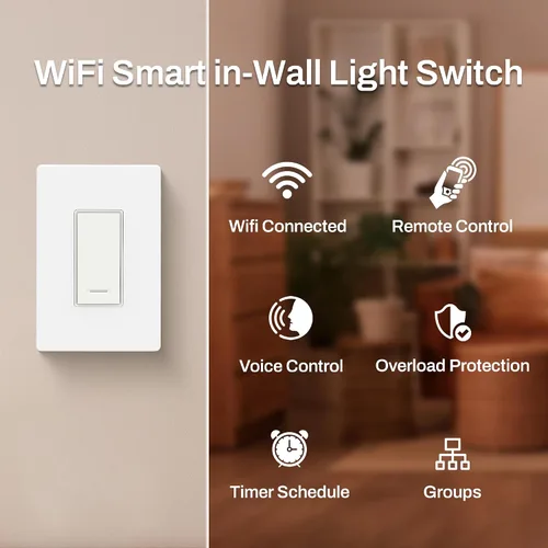 Vista 3 de BN-LINK Interruptor de luz inteligente con función de temporizador, un solo polo, interruptor de pared Wi-Fi de 2.4 GHz, requiere cable neutro
