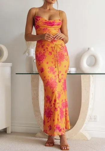 Vista 4 de Vestido largo con estampado de flores para mujer, con tirantes delgados, vestido largo floral, sexy, con tirantes delgados, vestido de cóctel