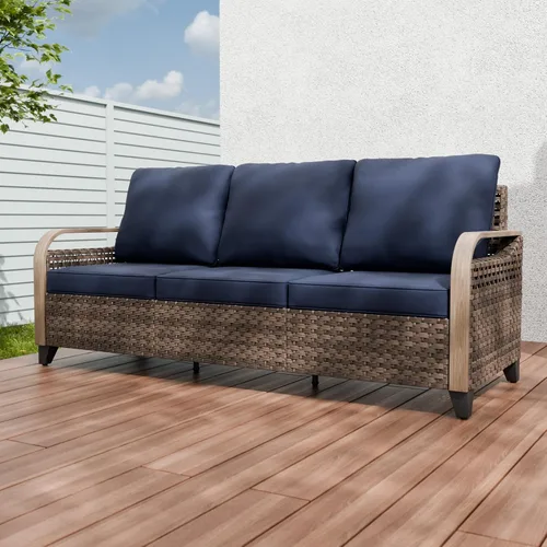 Vista 11 de Sofá de mimbre para patio, sofá para exteriores, 3 asientos Marrón/Gris