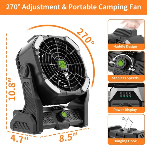 Vista 5 de Ventilador alimentado por batería, ventilador sin frío de 20000 mAh, ventilador recargable portátil, ventilador de campamento de rotación de 270°