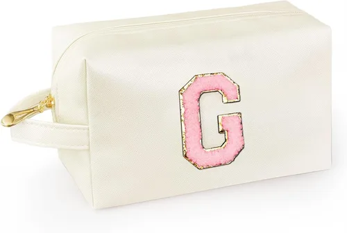 Vista 61 de Bolsa de maquillaje personalizada con inicial con asa, bolsa de cosméticos de preparación con bolsillo interior con cremallera, 8, 9, 10, 11, 12 Rosa