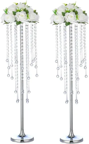 Vista 14 de Centros de mesa de boda dorados de 29.5 pulgadas para mesa, 2 jarrones altos, centros de mesa de boda con cuentas de cristal brillantes, soporte