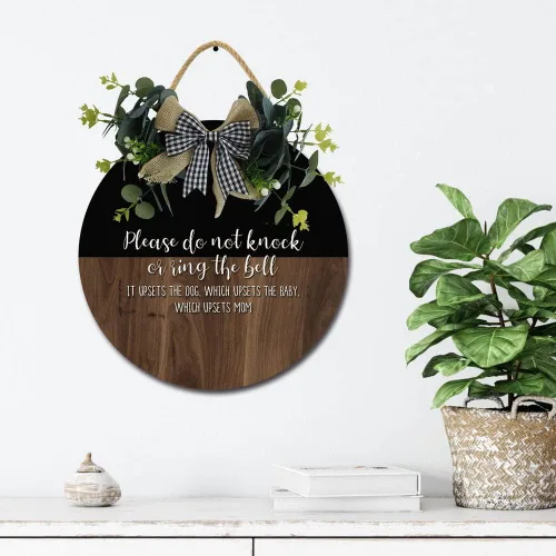 Vista 4 de Letrero para puerta delantera, coronas divertidas, decoración de placa de madera para colgar, decoración redonda de madera rústica, decoración