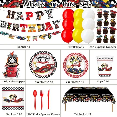Vista 2 de Las decoraciones de fiesta de cumpleaños de coche de carreras incluyen platos, servilletas, tazas, tenedores, cuchillos, cucharas, pancartas