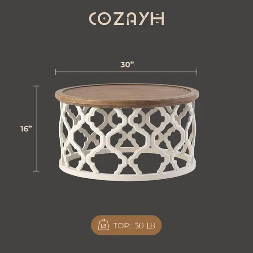Vista 3 de COZAYH Mesa de centro redonda de granja, bandeja de madera envejecida con base curvada, mesa rústica bohemia para sala de estar, color blanco