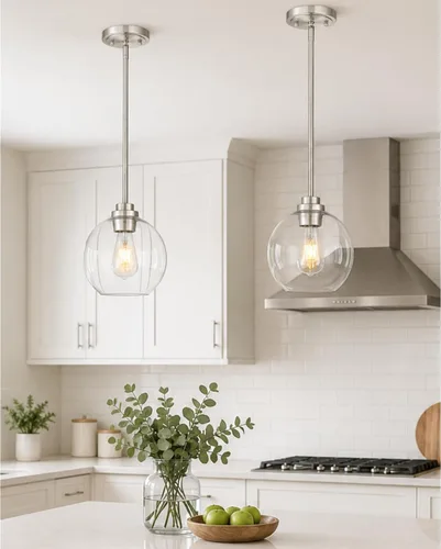 Vista 19 de Luces Colgantes para Isla de Cocina, 7" Luminarias Colgantes Negras y Doradas con Pantalla de Globo de Vidrio Transparente, Iluminación Moderna
