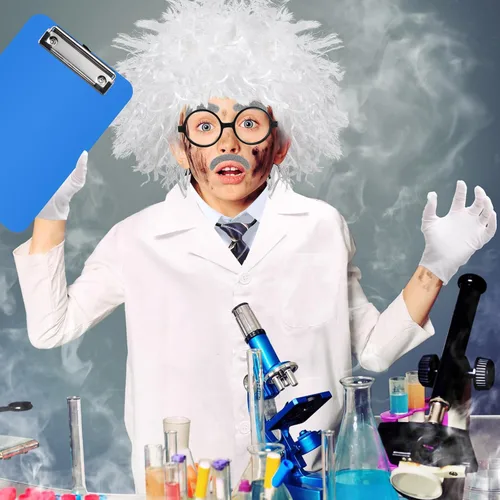Vista 3 de Suhine 9 Pieces Mad Scientist Costume Set Halloween Crazy Mad Scientist Wig Lab Coat Glasses Mustache Physicist Costume