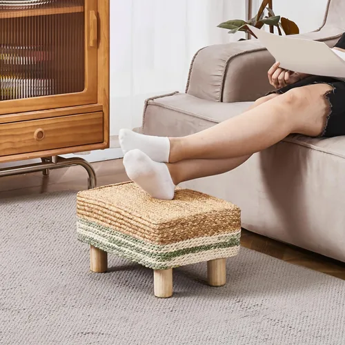 Vista 2 de Cpintltr Taburete otomano rectangular, reposapiés, otomano, reposapiés natural de algas marinas con patas de madera, taburete tejido a mano
