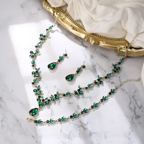 Vista 5 de BriLove Conjunto de joyería de boda para mujeres novias, collar en Y, pulsera de tenis, aretes colgantes de cristal en forma de lágrima marquesa