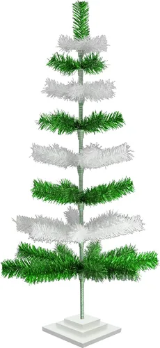 Vista 6 de Árbol de Navidad verde metálico y blanco mate, cepillo artificial en capas de oropel sin encender con soporte incluido (18 pulgadas)