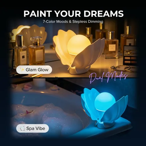 Vista 3 de Lámpara de mesita de noche Shell con cargador inalámbrico, luz regulable sin escalones para dormitorio y dormitorio, lámpara de estado de ánimo