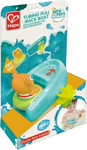 Vista 6 de Hape Juguete de baño de barco con retroceso de tubo, oso de peluche, juguete de baño flotante para remo de barco, juguete para bañera y ducha