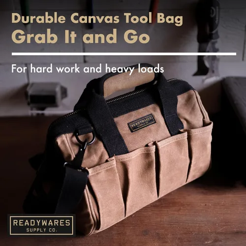 Vista 3 de Readywares Bolsa de herramientas, bolsa de lona encerada resistente para equipo, herramientas, suministros y equipamiento (30 cm, marrón)