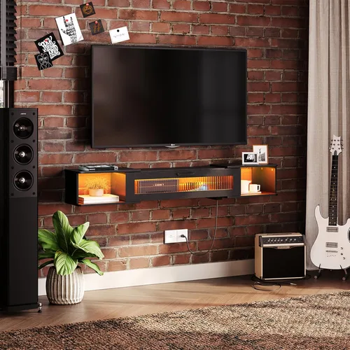 Vista 8 de HOOBRO Soporte de TV flotante con luz LED y toma de corriente para televisores de hasta 65 pulgadas, estante de TV montado en la pared, consola