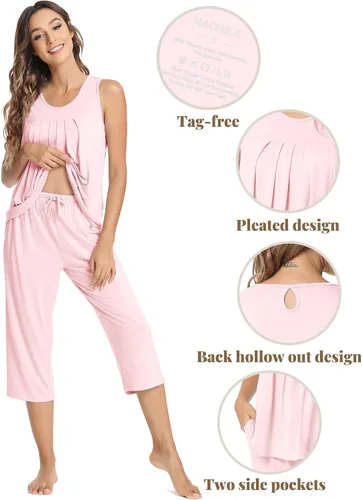 Vista 4 de NACHILA Conjunto de pijama de bambú para mujer, sin mangas, suave, pantalones capri, tallas S-4XL