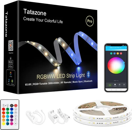 Vista 9 de Tatazone Tiras de luces LED RGBWW con Bluetooth, 5 metros de tiras de luz LED ajustables de blanco 3000K a 6500K + RGB, tiras de luces LED