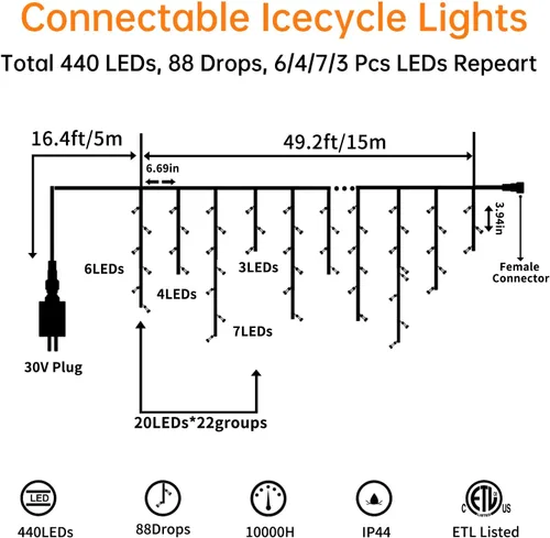 Vista 2 de Blingstar - Luces de carámbano, luces de Navidad al aire libre de 49.2 pies, 440 LED, luces colgantes extensibles, 8 modos, luces de carámbano