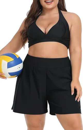 Vista 2 de ANFILIA Pantalones cortos de natación de talla grande para mujer, pantalones cortos de cintura alta, tankini con bolsillos