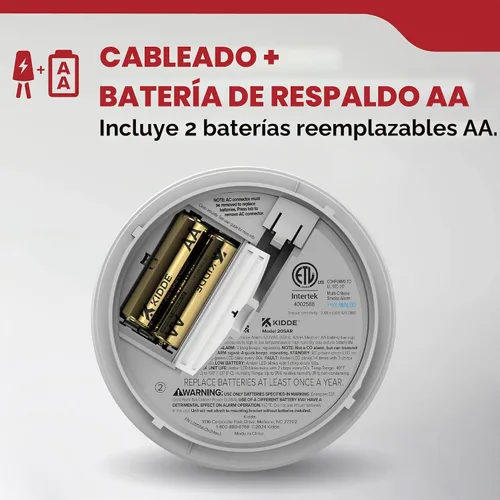Vista 2 de Kidde, 20SAR, detector de humo cableado, batería de reserva AA, interconectable, indicadores de luz de advertencia LED
