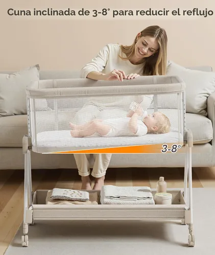 Vista 6 de Fodoss Moisés para bebé con ruedas, bandeja de almacenamiento, malla de 4 lados, 7 alturas ajustables, color beige