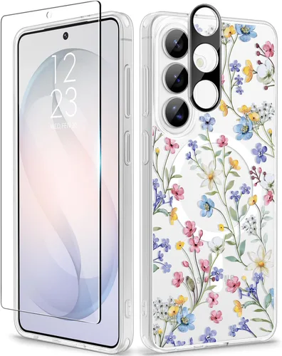 Vista 81 de GVIEWIN Funda protectora para Samsung Galaxy S25, transparente floral, delgada, a prueba de golpes, para mujer, no se pone amarilla, con protector