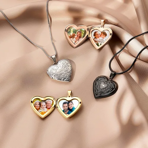 Vista 4 de Fanery sue Collar con medallón de corazón que sostiene imágenes, collares personalizados con fotos personalizadas, con imagen