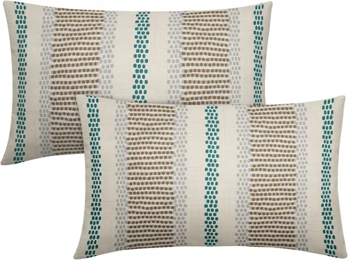 Vista 53 de Juego de 2 fundas de almohada negras y azules con rayas de puntos grises, decorativas para exteriores, estilo boho rústico, para sofá, cama, cojín