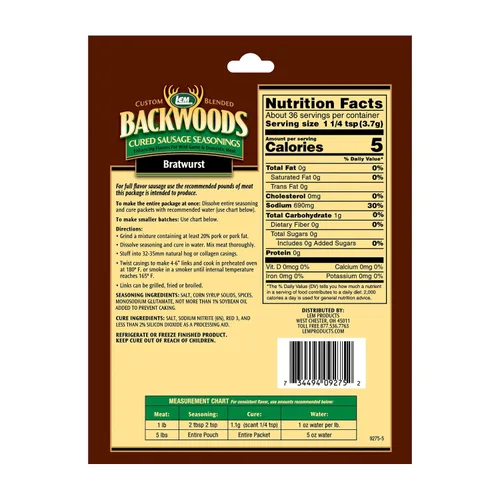 Vista 2 de LEM Products Backwoods Bratwurst – Salchicha curada con condimento, ideal para caza silvestre y carne doméstica, sazona hasta 25 libras de carne