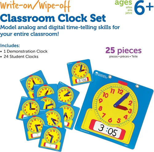 Vista 6 de Learning Resources Write & Wipe Clocks - Juego de 25 piezas, a partir de 6 años, laminado de borrado en seco, ayuda didáctica, suministros