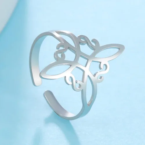 Vista 3 de Fuqimanman2020 Conjunto de collar de anillo de nudo de bruja de acero inoxidable ajustable, brujería celta, nudo de amor, anillo abierto, anillo