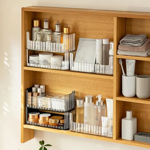 Vista 2 de Organizador de estantes de 2 niveles para botiquín, compartimentos para almacenamiento de maquillaje, bandejas de estante para pared de gabinete