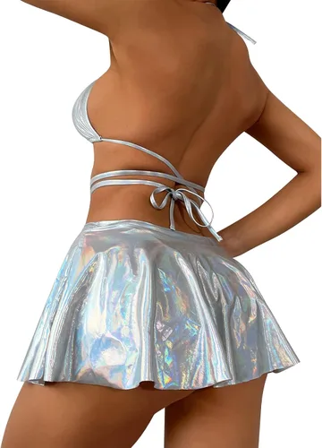 Vista 2 de Traje de rave metálico para mujer, top corto brillante, falda con flecos, traje de baño, festivales de música, Halloween, cosplay, disfraz