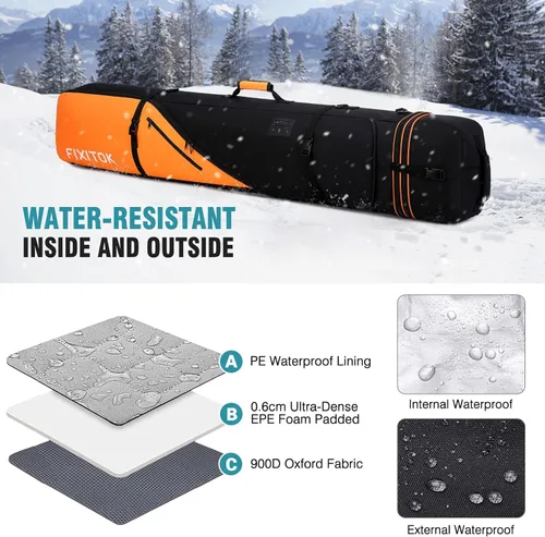 Vista 6 de FIXITOK Bolsa de snowboard y esquí para viajes aéreos, bolsa de snowboard acolchada completa impermeable que se ajusta a tabla, botas, ropa, casco