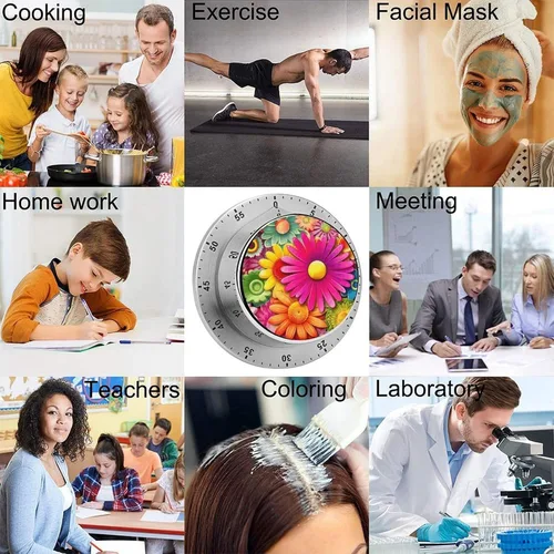 Vista 5 de Cartoon Style Flowers Mechanical Kitchen Timer for Cooking 60 Min with Magnetic Backing Loud Alarm,Stainless Steel Wind Up Countdown Timer Cute Egg