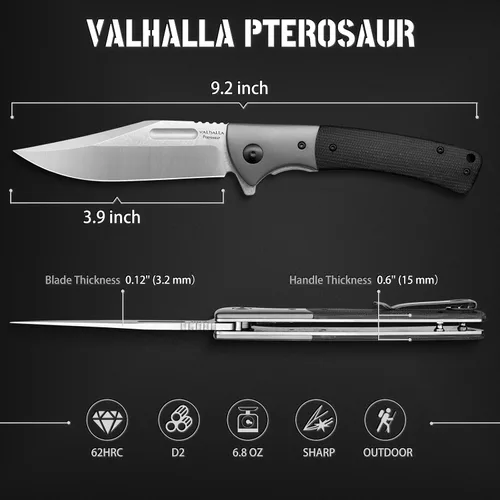 Vista 5 de VALHALLA PTEROSAUR Cuchillo de bolsillo, cuchillo plegable de acero D2 de 3.9 pulgadas con mango de micarta, cuchillo de bolsillo para hombres